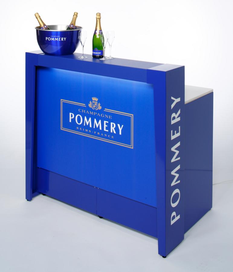 G-Rack Promotionbar Pommery in Blau mit weißer Schrift
